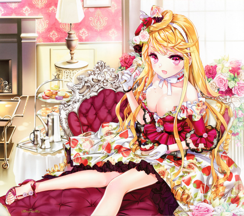 1girl absurdres blonde_hair breasts cake cinia_pacifica cleavage cocoon_(loveririn) couch cream_on_face drill_hair food food_themed_clothes fork gloves highres huge_filesize lolita_fashion long_hair long_sleeves macaron mini_hat no_socks off-shoulder_dress pink_eyes sandals strawberry_print sword_girls tagme tea_set tray white_gloves