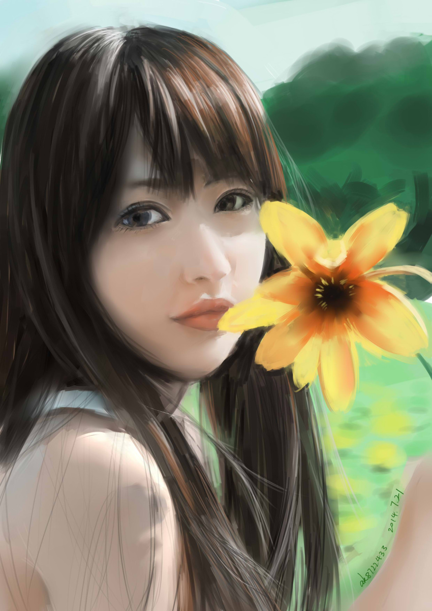 1girl 2014 absurdres aizawa_rina ak8722433 artist_name asian bare_shoulders black_eyes black_hair blurry dated depth_of_field derivative_work eyelashes flower highres lips long_hair looking_at_viewer looking_to_the_side nose outdoors photorealistic portrait real_life shirt sleeveless smile solo white_shirt
