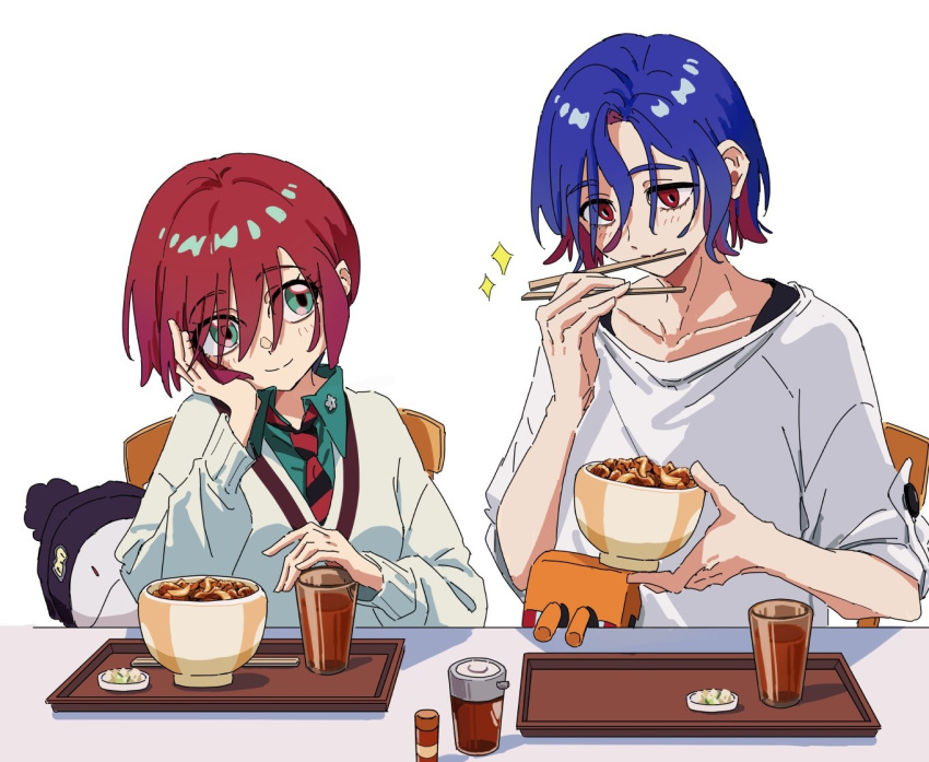 1boy 1girl amate_yuzuriha aqua_eyes blue_hair blush bowl chopsticks chopsticks_in_mouth collared_shirt colored_inner_hair conch_(gundam) cup food gundam gundam_gquuuuuux gyuudon haro holding holding_bowl holding_chopsticks holding_food looking_at_another multicolored_hair necktie o6nuqm purple_hair red_eyes red_hair school_uniform shirt short_hair shuji_ito sitting smile sweater table two-tone_hair white_background white_shirt