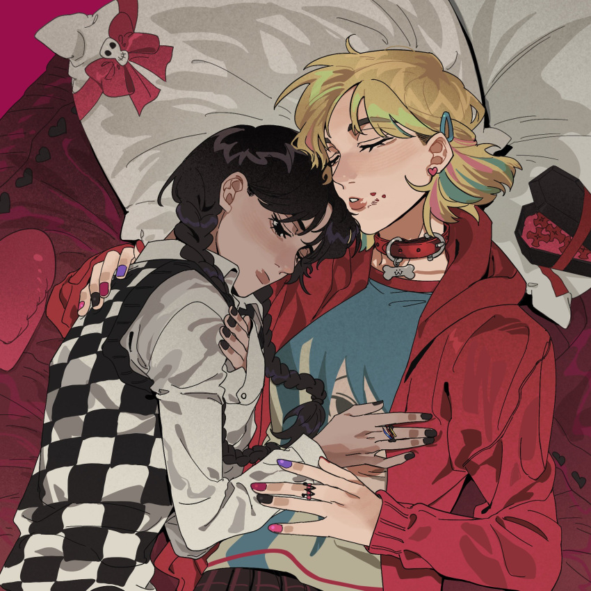 2girls animal_collar black_eyes black_hair black_nails blonde_hair blue_hair blue_shirt braid checkered_sweater_vest collar collared_shirt commentary earrings english_commentary enid_sinclair hair_ornament hairclip heart heart_earrings highres hood hoodie jewelry long_hair multicolored_hair multiple_girls pillow pink_hair pink_nails purple_nails red_hoodie red_nails shirt short_hair sleeping streaked_hair sxnhinata the_addams_family twin_braids valentine wednesday_(netflix) wednesday_addams white_shirt yuri