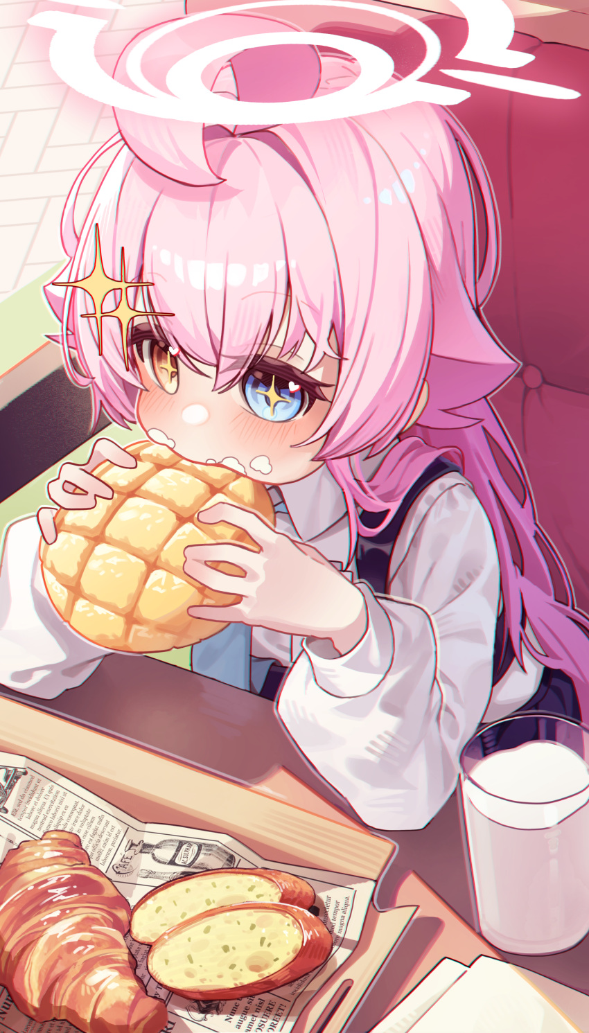 +_+ 1girl absurdres ahoge baguette blue_archive blue_eyes blush bread bread_slice capry commentary croissant cup food food_on_face halo heterochromia highres holding holding_food hoshino_(blue_archive) long_hair long_sleeves milk pink_hair pink_halo shirt sitting solo untranslatable_commentary very_long_hair white_shirt yellow_eyes