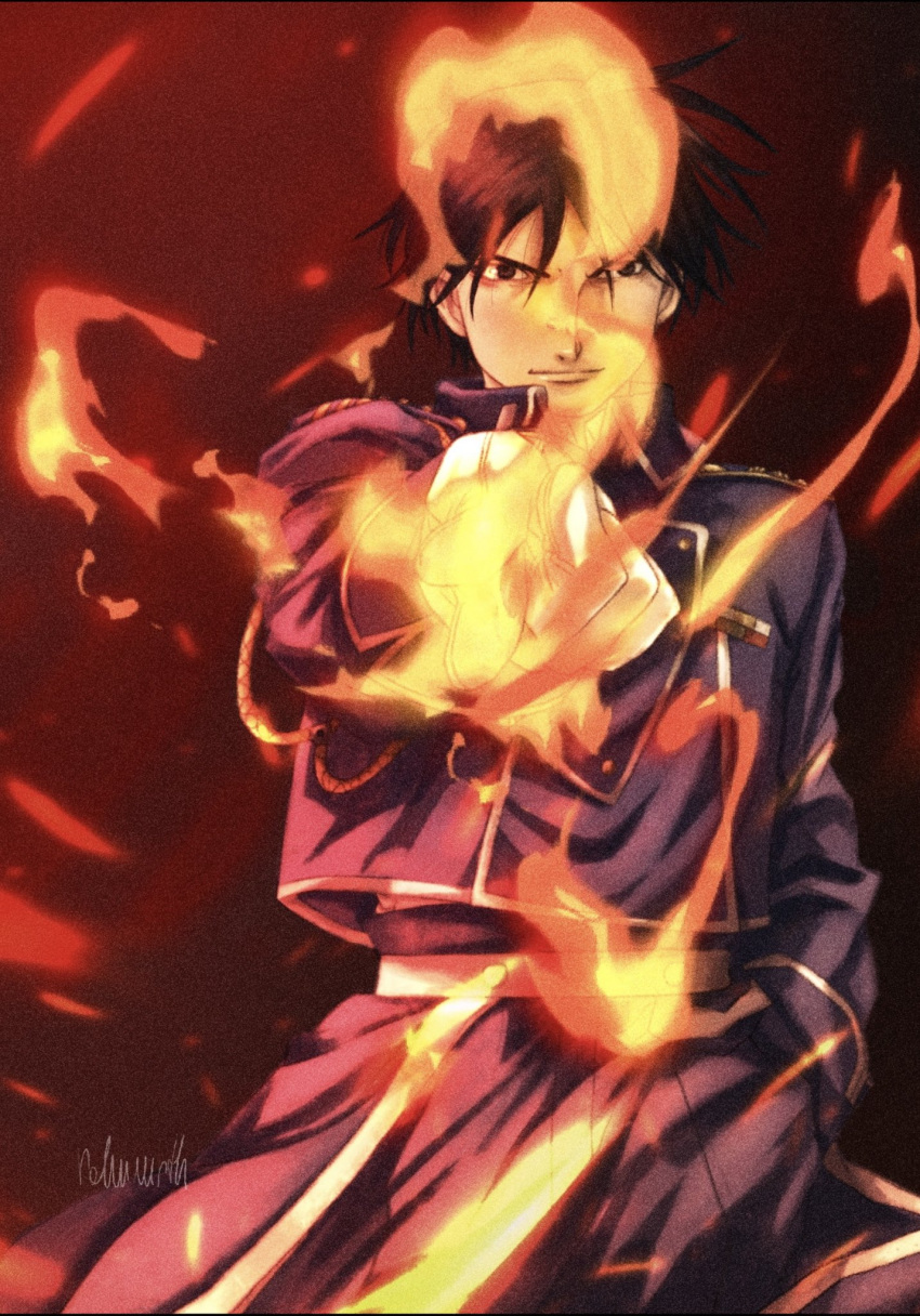 1boy aiguillette amestris_military_uniform arm_at_side artist_name black_background black_eyes black_hair blue_jacket blue_pants closed_mouth collared_jacket cowboy_shot english_commentary fire fullmetal_alchemist gloves hand_in_pocket highres jacket light_smile long_sleeves looking_at_viewer male_focus messy_hair military_jacket military_uniform pants pointing pointing_at_viewer rdmmrth red_background roy_mustang serious signature simple_background smile smirk solo spiky_hair standing tsurime white_gloves