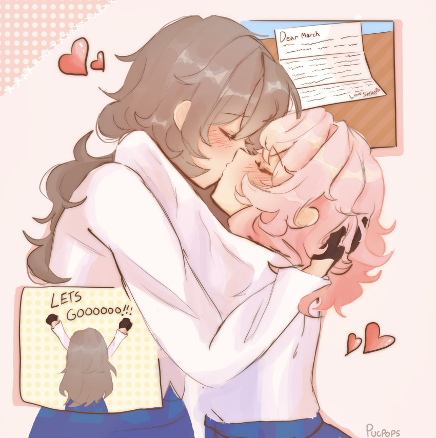 2girls arms_up blue_skirt closed_eyes commentary english_commentary grey_hair heart highres honkai:_star_rail honkai_(series) kiss letter long_hair march_7th_(honkai:_star_rail) multiple_girls pink_hair pucca_(pucpops) shirt signature skirt stelle_(honkai:_star_rail) trailblazer_(honkai:_star_rail) white_shirt yuri