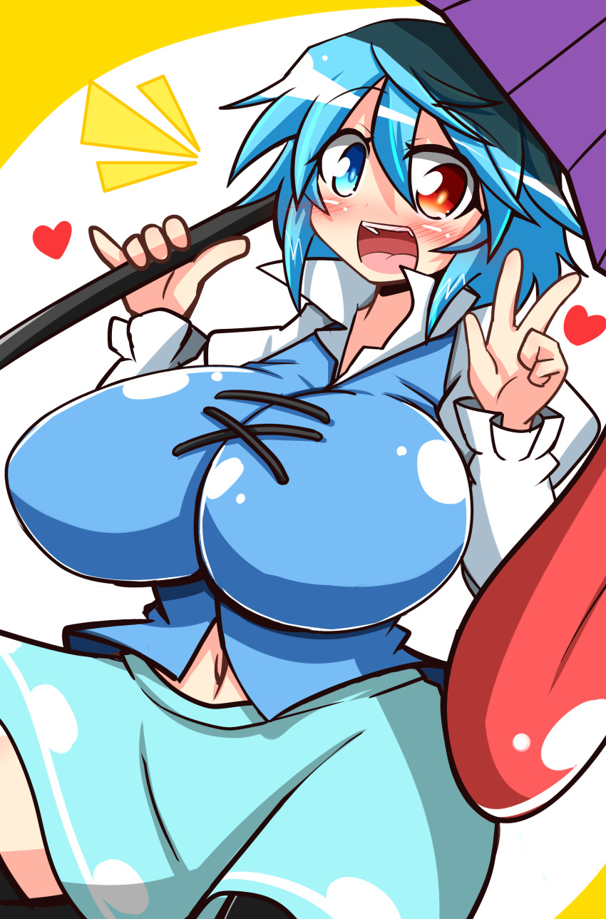 /\/\/\ 1girl :d absurdres blue_eyes blue_hair blush breasts collared_shirt commentary_request gigantic_breasts heart heterochromia highres huge_breasts impossible_clothes impossible_shirt juliet_sleeves long_sleeves navel open_mouth puffy_sleeves red_eyes rindou_(p41neko) short_hair skirt smile solo tatara_kogasa tongue touhou tunic umbrella w wide_hips