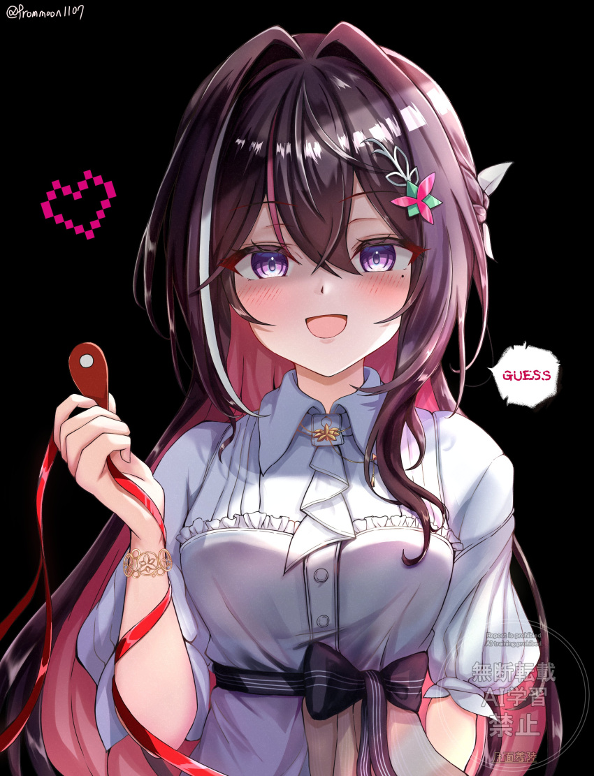 1girl :d absurdres arm_behind_back ascot asymmetrical_sidelocks azki_(4th_costume)_(hololive) azki_(hololive) black_background black_boots black_sash boots bow braid collared_dress colored_inner_hair commentary_request double-parted_bangs dress english_text evil_smile from-moon hair_between_eyes hair_intakes hair_ornament hairclip half_up_braid heart highres holding_map_pin hololive long_hair looking_at_viewer map_pin mole mole_under_eye multicolored_hair open_mouth partially_shaded_face pink_hair pink_streaks puffy_sleeves red_ribbon ribbon sash sidelocks simple_background smile solo speech_bubble streaked_hair string string_of_fate three-quarter_sleeves twitter_username upper_body very_long_hair violet_eyes virtual_youtuber waist_bow watermark white_ascot white_dress white_streaks yandere