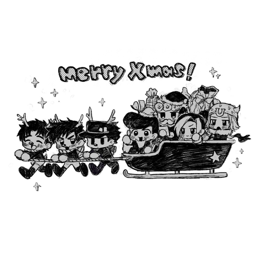 1girl 6+boys antlers battle_tendency blush commentary_request cone_hair_bun diamond_wa_kudakenai fake_beard fake_facial_hair fake_mustache full_body giorno_giovanna greyscale hair_bun hat higashikata_josuke highres horns johnny_joestar jojo_no_kimyou_na_bouken jonathan_joestar joseph_joestar joseph_joestar_(young) kujo_jolyne kujo_jotaro merry_christmas monochrome multiple_boys neg_50asu open_mouth phantom_blood sack sleigh sparkle stardust_crusaders steel_ball_run stone_ocean vento_aureo