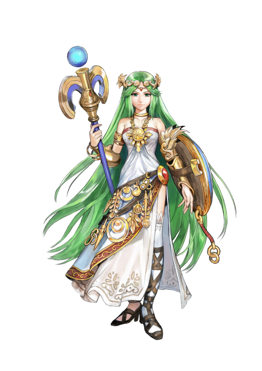 1girl absurdres green_eyes green_hair highres hirooka_masaki kid_icarus kid_icarus_uprising long_hair official_art palutena shield solo staff thigh-highs tiara very_long_hair