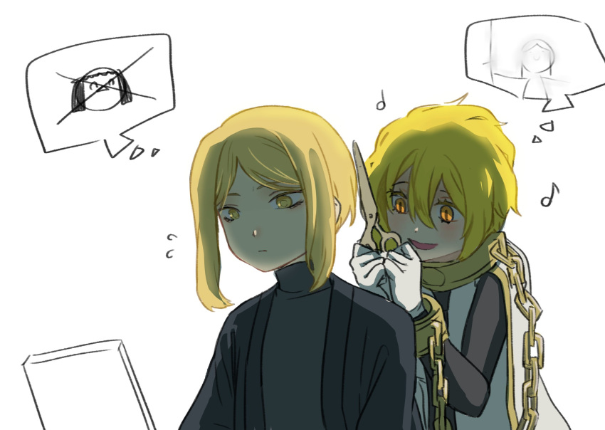1boy 1girl black_haori black_necktie black_shirt black_sleeves blonde_hair blush cape chain clenched_hands closed_mouth collar commentary_request cuffs don_quixote_(project_moon) eyelashes fee_llament gold_chain gold_collar gold_trim hair_between_eyes haori highres holding holding_scissors index_(identity)_(project_moon) japanese_clothes korean_commentary limbus_company long_sleeves looking_at_mirror looking_at_object mirror musical_note necktie open_mouth parted_bangs pinky_(identity)_(project_moon) project_moon scissors shackles shirt short_hair sidelocks sinclair_(project_moon) slit_pupils spoken_character tareme tsurime turtleneck turtleneck_shirt white_background white_cape yellow_eyes