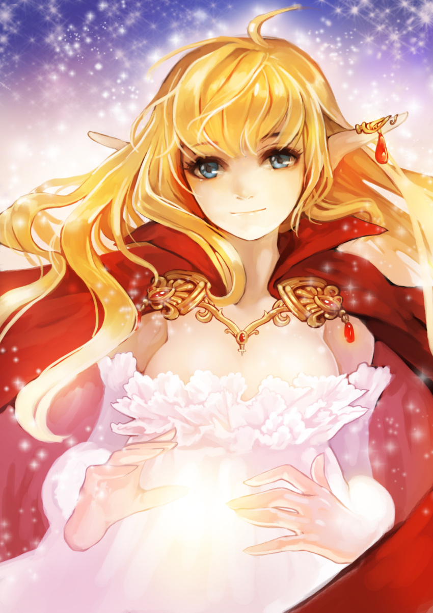 1girl blonde_hair blue_eyes breasts cape cleavage demon_girl detached_sleeves fairy highres light light_particles light_smile long_hair magic solo succubus zzoggomini