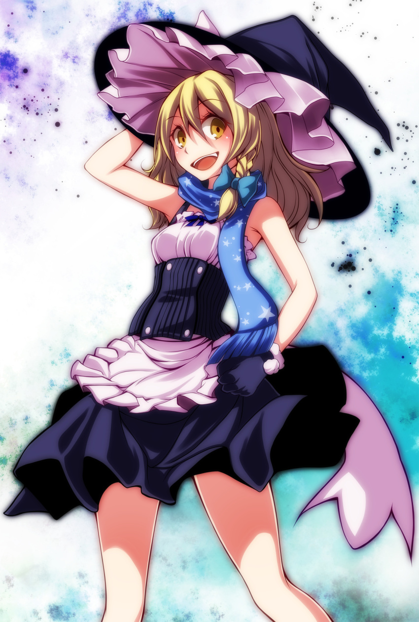 1girl :d adapted_costume apron black_gloves blonde_hair bow braid clenched_hand cowboy_shot dress gloves hair_bow hand_on_headwear hat hat_ribbon highres kirisame_marisa looking_at_viewer open_mouth ribbon s-syogo scarf single_braid sleeveless sleeveless_dress small_breasts smile solo touhou waist_apron witch_hat yellow_eyes