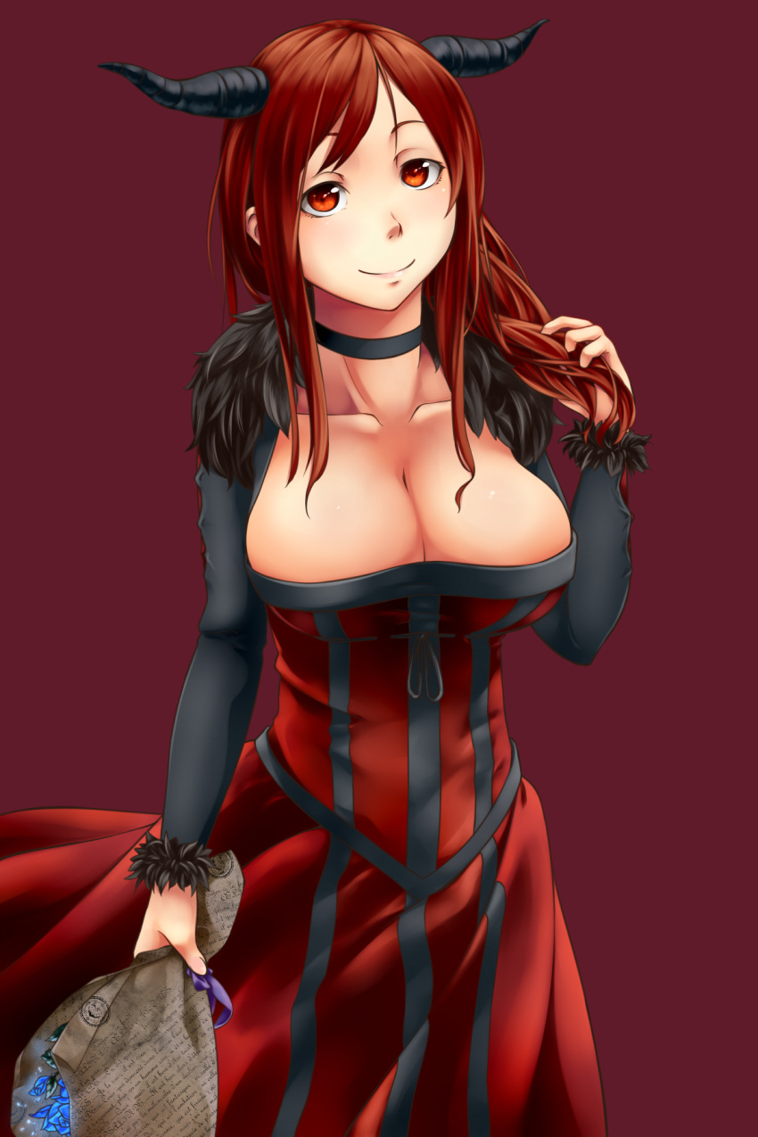 1girl bouquet breasts choker cleavage dress female flower highres horns large_breasts long_hair looking_at_viewer maou_(maoyuu) maoyuu_maou_yuusha mori_yashiro_(konkon_oyashiro) red_background red_eyes redhead simple_background smile solo