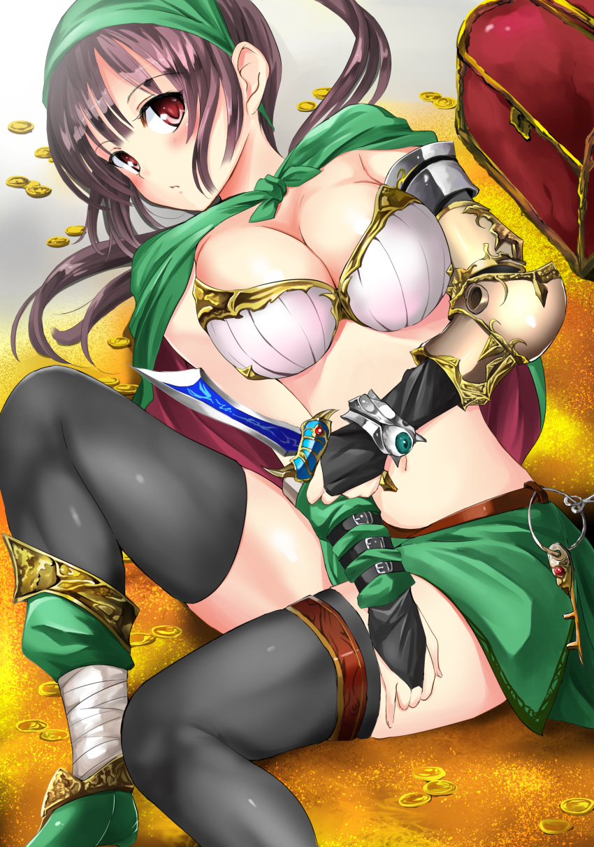 1girl absurdres bandana black_legwear blush breasts bridal_gauntlets brown_hair cape cleavage coin highres knife looking_at_viewer miracle_hoshi navel original ponytail red_eyes solo thigh-highs treasure_chest