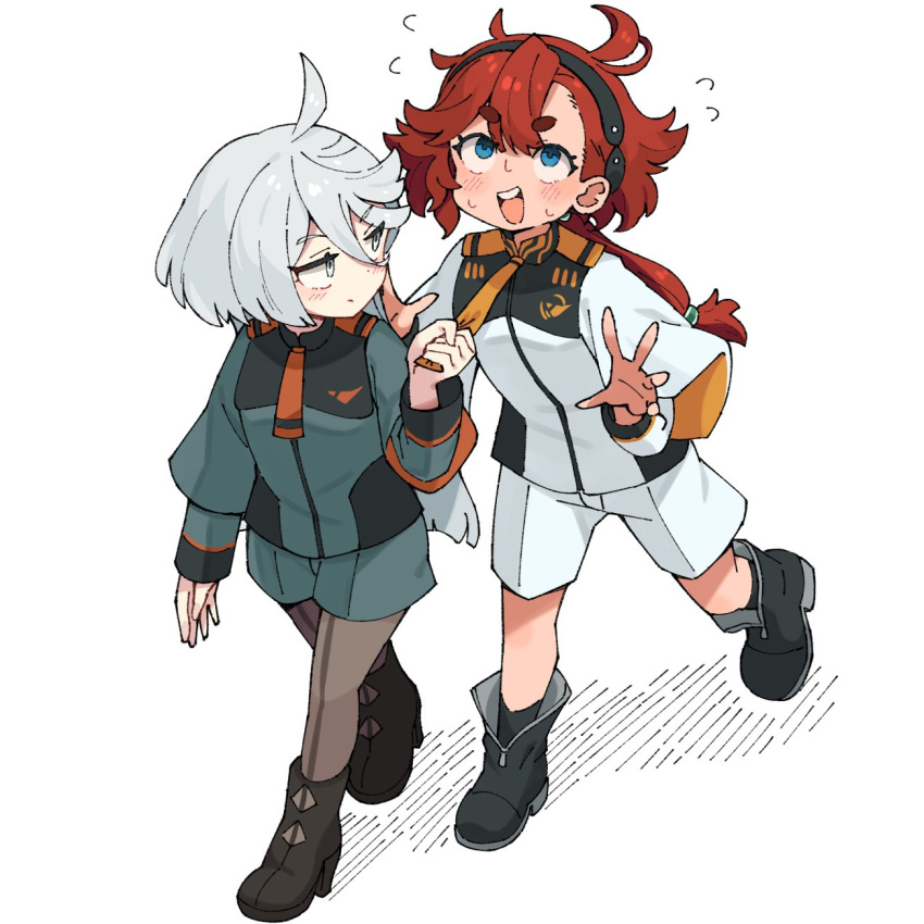 2girls asticassia_school_uniform black_boots black_hairband blue_eyes blush boots closed_mouth clothes_grab commentary_request flying_sweatdrops front-seamed_legwear grey_eyes grey_hair gundam gundam_suisei_no_majo hair_between_eyes hairband high_heel_boots high_heels highres long_hair long_sleeves miorine_rembran multiple_girls necktie necktie_grab neckwear_grab open_mouth pantyhose red_hair school_uniform seamed_legwear shorts simple_background suletta_mercury sweat taru_haru thick_eyebrows walking white_background