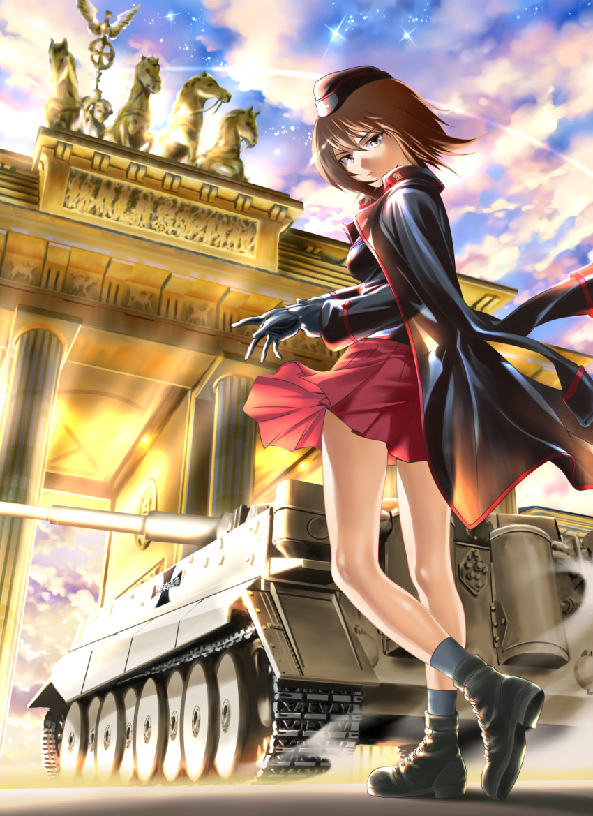 1girl ankle_boots arch boots brandenburg_gate brown_eyes brown_hair caterpillar_tracks clouds garrison_cap germany girls_und_panzer gloves hat highres jacket_on_shoulders landmark looking_at_viewer looking_back military military_vehicle nishizumi_maho pleated_skirt short_hair skirt sky solo star_(sky) statue sunlight tank tiger_(tank) toshi_(pixiv6514) uniform vehicle