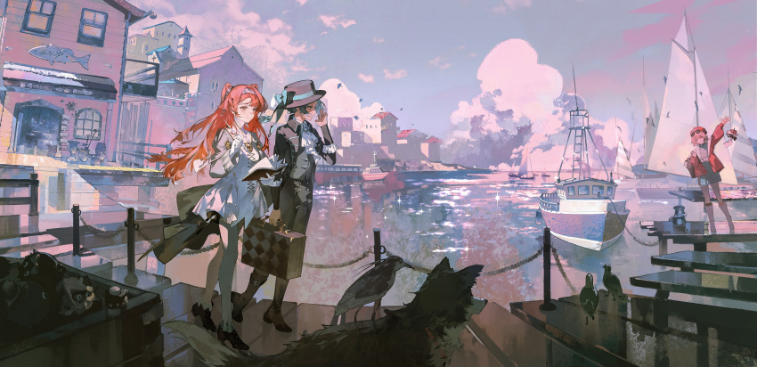 3girls absurdres apple_(reverse:1999) aqua_dress arm_up ascot beret bird black_boots black_bow black_bowtie black_coat black_hat black_pants black_vest blue_bow blue_sky boots bow bowtie building carbuncle_(reverse:1999) checkered_hairband chinese_commentary clouds cloudy_sky coat commentary_request creature dog dress eyewear_on_head full_body fuusen glass_pen gloves green_eyes grey_eyes grey_hair hair_bun hairband harbor hat hat_bow highres holding holding_notebook holding_pen holding_suitcase jacket looking_at_another multiple_girls night_heron notebook ocean orange_hair outdoors pants pants_under_dress pen pier profile red_hat red_jacket regulus_(reverse:1999) reverse:1999 sailing_ship scenery short_dress short_hair single_side_bun sky smile sonetto_(reverse:1999) suitcase sunglasses traditional_bowtie two_side_up vertin_(reverse:1999) vest waistcoat walking waving white_ascot white_boots white_dress white_gloves white_pants