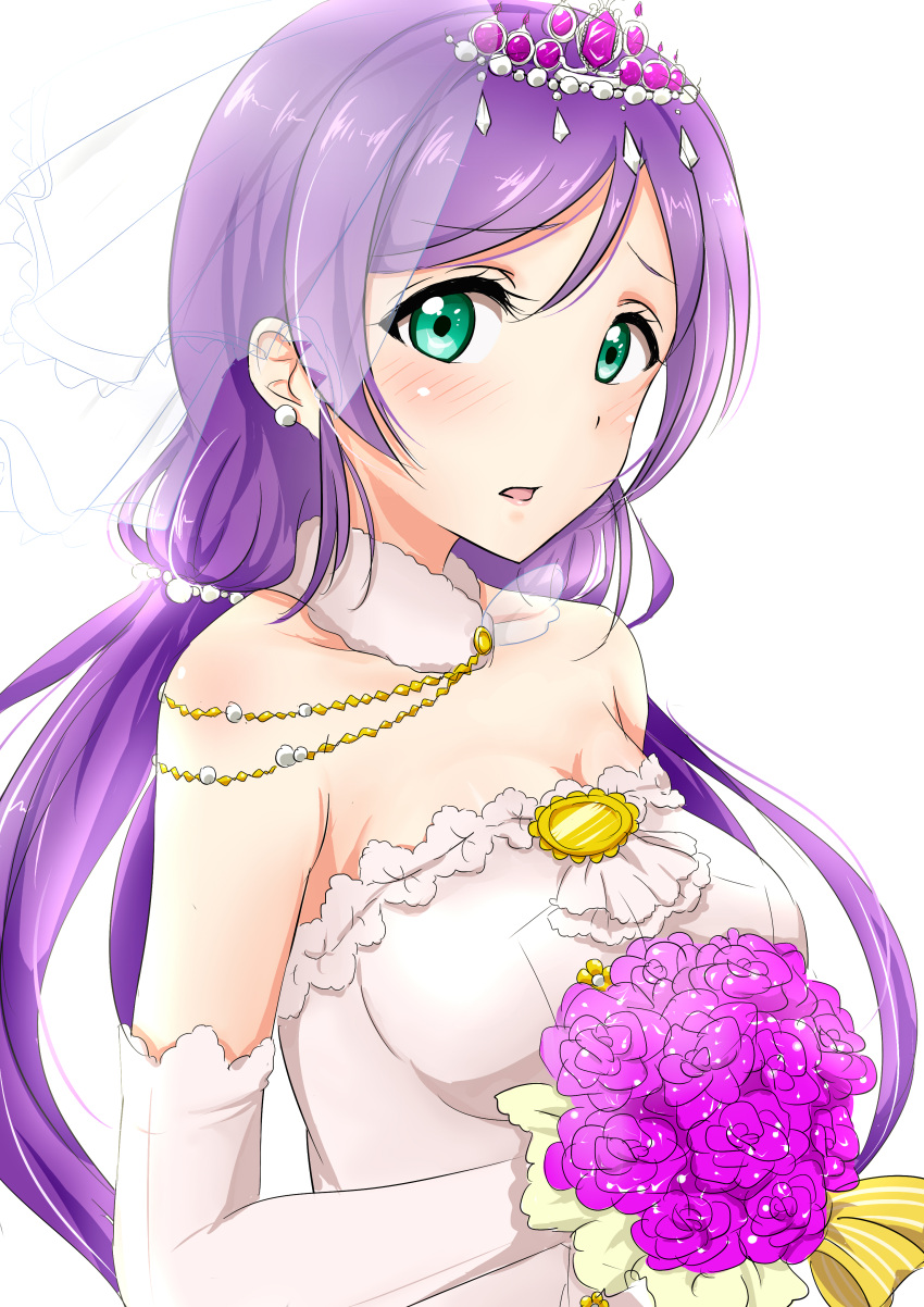 1girl absurdres bare_shoulders blush bouquet breasts detached_sleeves dress flower green_eyes highres large_breasts looking_at_viewer love_live!_school_idol_project open_mouth purple_hair satoharu simple_background solo toujou_nozomi wedding_dress white_background