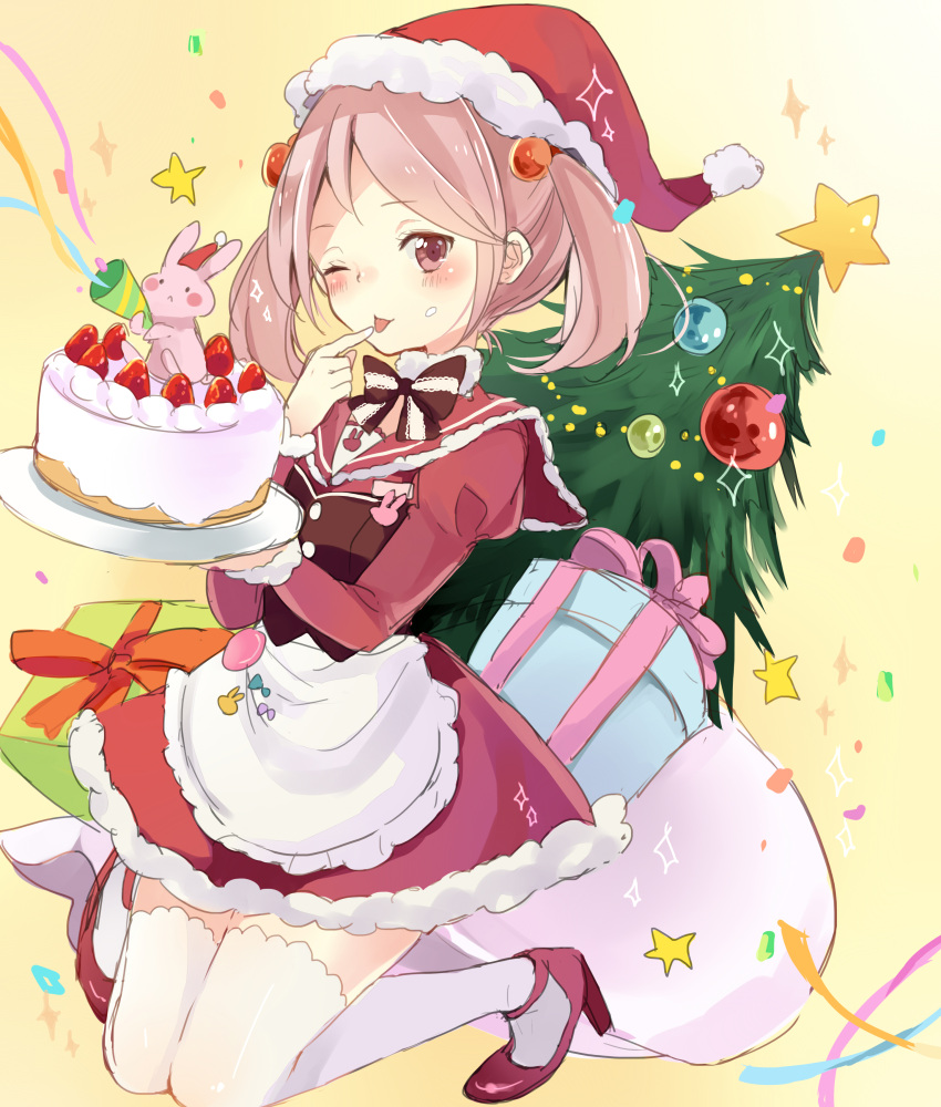 1girl absurdres apron bowtie cake chiyu_(cotoritori) christmas christmas_tree dress food food_on_face fur_trim gift hair_bobbles hair_ornament hat highres kantai_collection licking licking_hand long_sleeves looking_at_viewer maid one_eye_closed pink_eyes pink_hair puffy_long_sleeves puffy_sleeves rabbit red_dress sack santa_costume santa_hat sazanami_(kantai_collection) star thigh-highs twintails white_legwear zettai_ryouiki