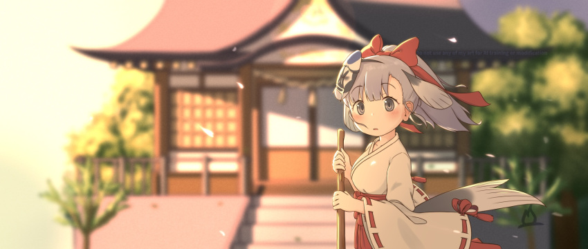 1girl bell blush bow breasts broom cherry_blossoms chihaya_(clothing) commentary_request fins fish_girl fish_tail grey_eyes grey_hair hair_bow hakama hakama_skirt head_fins highres japanese_clothes jingle_bell jinmen-gyo_(kemono_friends) kagura_suzu kemono_friends kemono_friends_3 kimono kosode long_hair looking_at_viewer mask mask_on_head miko monkey_ears onefiresticks open_mouth ponytail red_hakama ribbon-trimmed_sleeves ribbon_trim shrine skirt solo tail white_kimono wide_sleeves