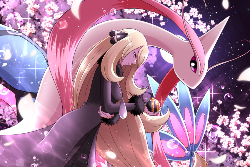 1girl blonde_hair breasts cherry_blossoms closed_mouth coat commentary_request cynthia_(pokemon) from_side fur-trimmed_coat fur_trim grey_eyes hair_ornament holding holding_poke_ball long_hair long_sleeves luxury_ball maiko_(mimi) milotic poke_ball pokemon pokemon_(creature) pokemon_dppt revision ripples smile very_long_hair