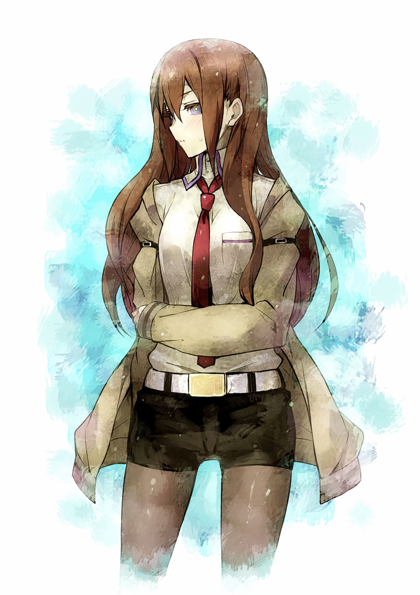 1girl absurdres belt blue_eyes brown_hair highres jacket legwear_under_shorts long_hair makise_kurisu necktie pantyhose pout puyo shorts solo steins;gate