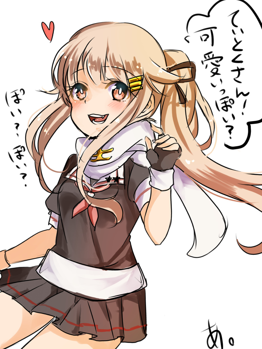 1girl :d alternate_hairstyle black_gloves black_skirt blonde_hair fingerless_gloves gloves hair_flaps hair_ornament hair_ribbon hairclip highres kantai_collection long_hair mashiro_aa open_mouth pleated_skirt ponytail red_eyes ribbon scarf school_uniform serafuku signature sketch skirt smile solo translated white_scarf yuudachi_(kantai_collection)