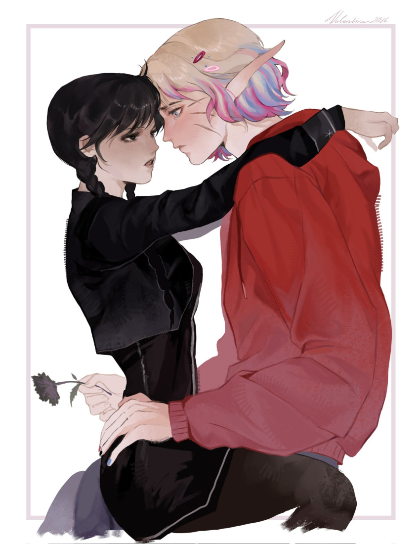 2girls black_dress black_eyes black_flower black_hair blonde_hair blue_eyes blue_hair braid commentary dress english_commentary enid_sinclair flower hair_ornament hairclip highres holding holding_flower jacket long_hair lopez_(ven0s7) multicolored_hair multiple_girls pink_hair red_jacket short_hair signature the_addams_family twin_braids wednesday_(netflix) wednesday_addams white_background yuri