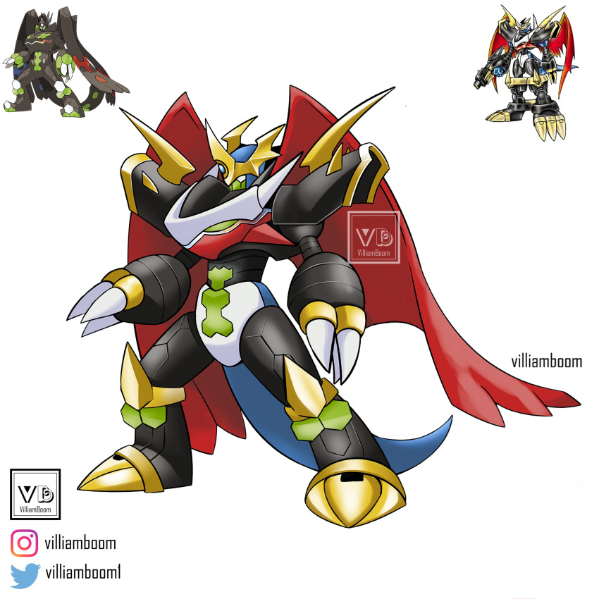 armor black_armor digimon digimon_(creature) dragon fakemon full_body fusion highres imperialdramon imperialdramon_fighter_mode official_art_inset pokemon pokemon_(creature) red_wings simple_background villiam_boom white_background wings zygarde zygarde_(complete)