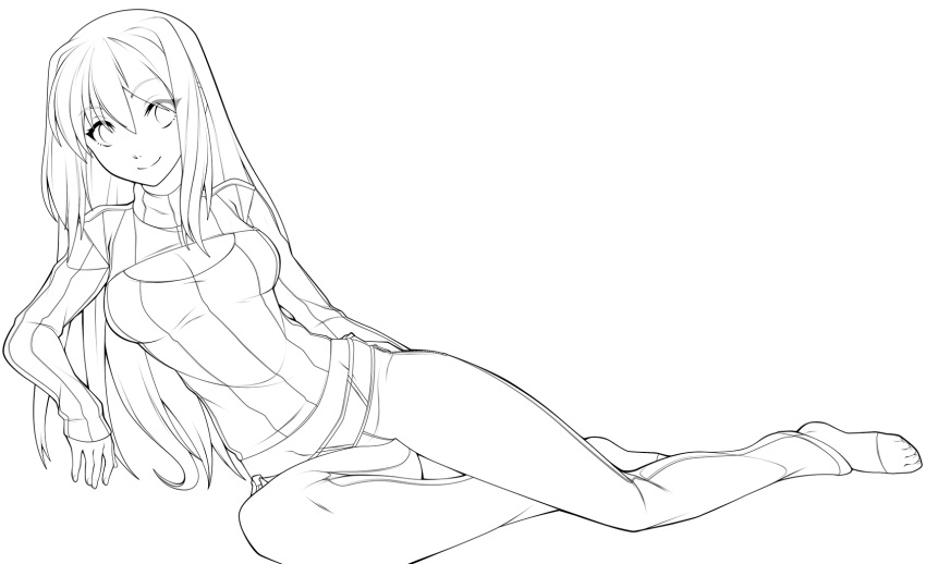 1girl aozaki_aoko bikini_jeans breasts cleavage cleavage_cutout hair_intakes highres lineart long_hair lowleg lowleg_pants lying melty_blood monochrome mound_of_venus open-chest_sweater pants ribbed_sweater smile solo spikewible sweater toes tsukihime turtleneck
