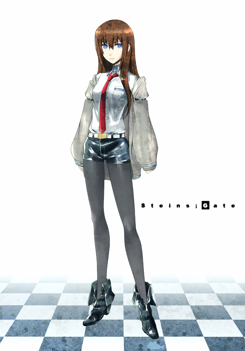 1girl absurdres belt blue_eyes brown_hair checkered checkered_floor highres jacket legwear_under_shorts long_hair makise_kurisu necktie onaya_masakazu pantyhose shorts solo steins;gate