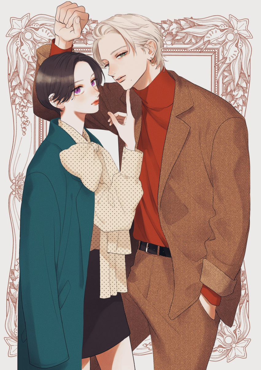 1boy 1girl arm_above_head belt black_skirt blue_jacket brown_hair brown_jacket brown_pants commentary_request couple cover earrings finger_on_another's_head green_eyes hand_in_pocket hand_on_another's_chin hetero highres ichimaru_kohaku jacket jewelry lips long_sleeves looking_at_viewer mika_yamamori official_art pants parted_bangs parted_lips patterned_clothing polka_dot polka_dot_scarf polka_dot_shirt red_lips red_shirt red_sweater scarf shirt short_hair skirt sleeves_rolled_up sweater takiguchi_yoi turtleneck turtleneck_sweater uruwashi_no_yoi_no_tsuki violet_eyes white_background white_hair yellow_scarf yellow_shirt