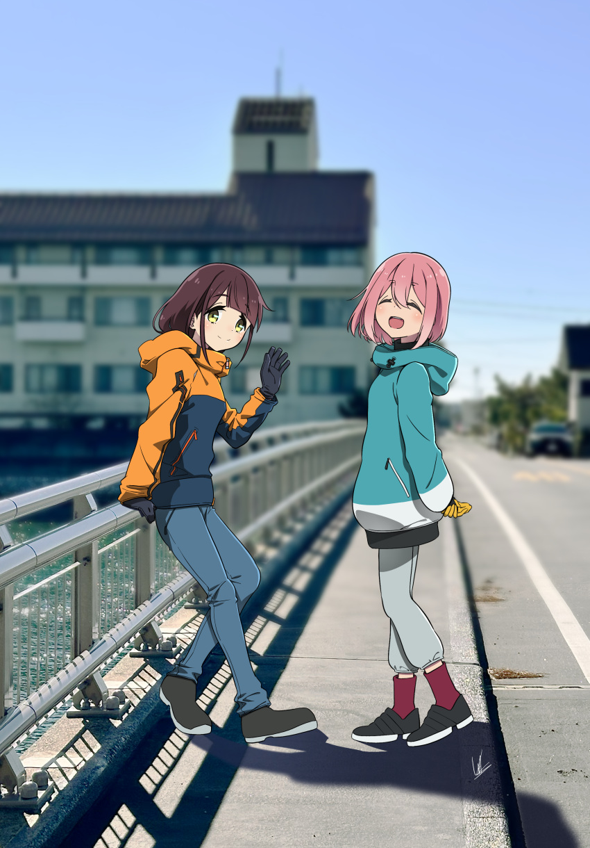2girls :d absurdres arms_behind_back black_coat black_gloves blue_pants blue_sky blurry blurry_background bridge brown_hair brown_shoes car closed_mouth coat commentary_request day denim gloves green_coat grey_pants happy highres hood hoodie jeans kagamihara_nadeshiko lens_flare long_sleeves motor_vehicle multicolored_coat multiple_girls open_mouth orange_coat outdoors pants photo_background pink_hair railing real_world_location red_socks river shadow shoes sky smile socks standing toki_ayano two-tone_coat waving yas_(yosiyasuyasu) yellow_eyes yellow_gloves yurucamp