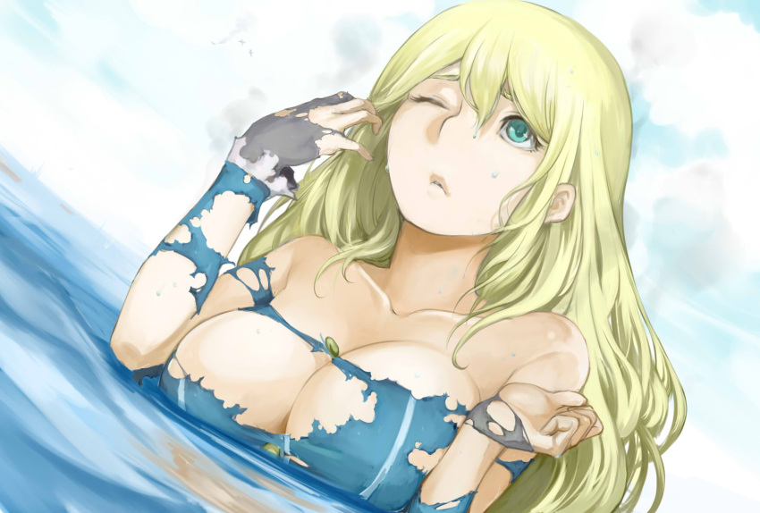 1girl aqua_eyes atago_(kantai_collection) black_gloves blonde_hair breasts gloves hair_between_eyes highres kantai_collection large_breasts long_hair looking_up one_eye_closed parted_lips partially_submerged torn_clothes torn_gloves torn_shirt