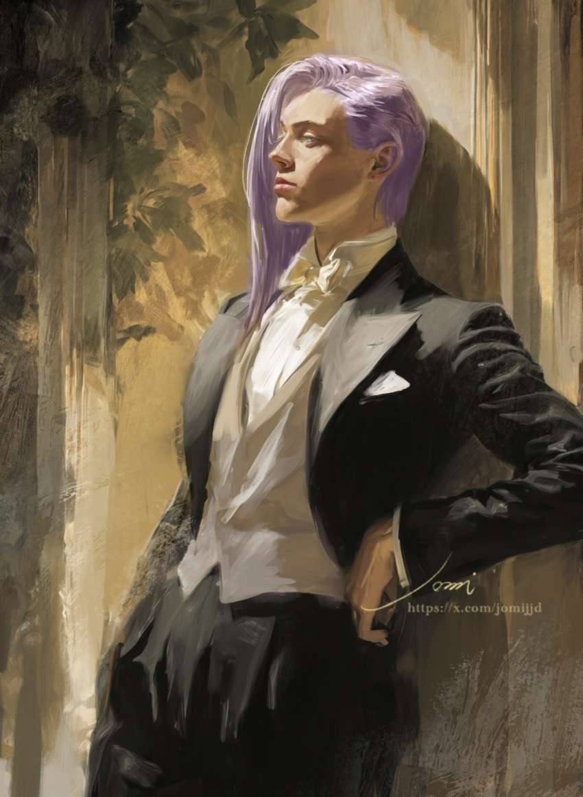 1boy alternate_costume artist_name black_jacket black_pants black_suit blue_eyes bow bowtie closed_mouth commentary formal_clothes grey_vest hand_on_own_hip highres jacket jojo_no_kimyou_na_bouken jomijjd leaning_back long_hair long_sleeves male_focus melone pants purple_hair shirt signature solo suit suit_jacket tuxedo vento_aureo vest web_address white_bow white_bowtie white_shirt