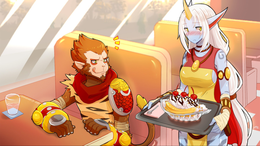 1boy 1girl :&lt; armor banana banana_split blue_skin blush booth bracer brown_hair cherry dress food fruit fur furry glass highres holding horn ice_cream indoors jewelry league_of_legends licking_lips long_hair necklace payot pendant pointy_ears ponytail restaurant sitting sleeveless sleeveless_dress sollyz soraka spoon standing tail tongue tray very_long_hair white_hair window wukong yellow_eyes