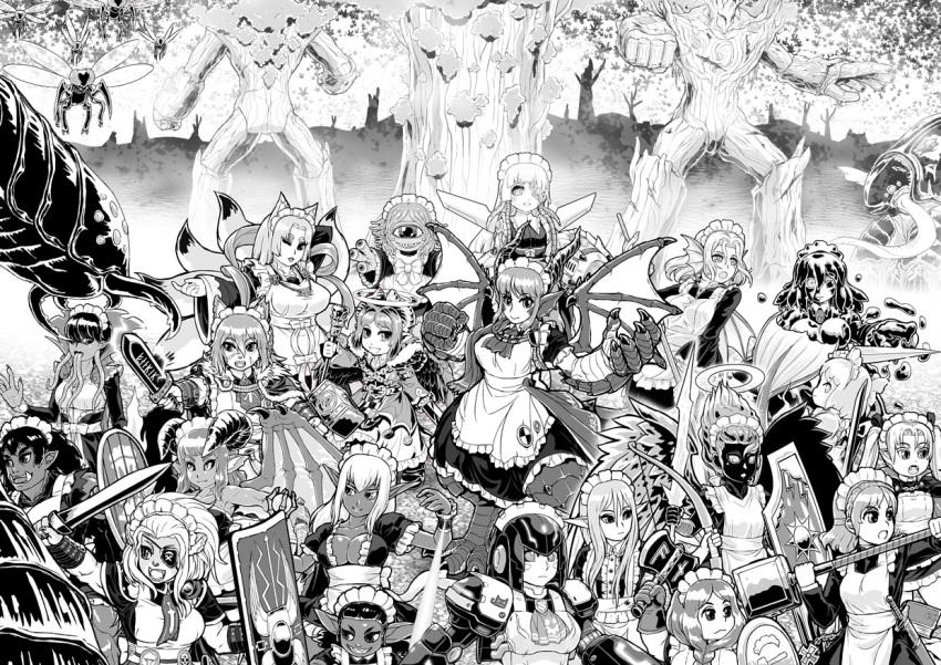 6+girls angel angel_wings apron asymmetrical_wings axe battle beholder black_skin bow_(weapon) braid breasts claws cleavage cyclops dark_elf dark_skin demon_girl demon_horns demon_wings dragon_girl dragon_tail dragon_wings dual_wielding dwarf elf extra_eyes eyepatch fangs feathered_wings giant_insect goblin goo_girl grin halo head_fins horns kensaint kitsune long_hair maid maid_apron maid_headdress mermaid monochrome monster_girl multiple_girls multiple_tails multiple_tongues one-eyed one_eye_closed open_mouth orc original pointy_ears robot_girl scales scepter sharp_teeth shield single_braid slit_pupils smile sword tail treant tusks vambraces vampire warhammer weapon wings wrist_cuffs