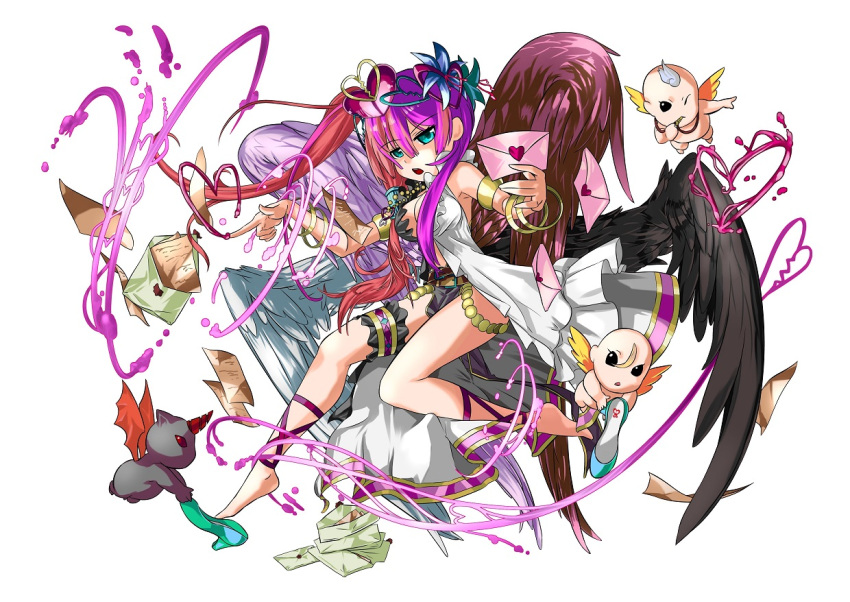 1girl aqua_eyes breasts chaos_venus_(p&d) dress headdress heart kei_(keiclear) letter looking_at_viewer love_letter multicolored_dress multicolored_hair multicolored_wings multiple_wings official_style open_mouth pink_hair purple_hair puzzle_&_dragons solo venus_(p&d) white_dress wings