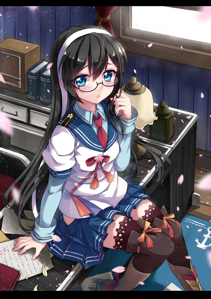 1girl absurdres black_hair blue_eyes blush book desk drawer glasses hairband highres kantai_collection kneehighs letterboxed long_hair looking_at_viewer north_abyssor ooyodo_(kantai_collection) paper petals sailor_collar school_uniform serafuku sitting sitting_on_desk skirt solo