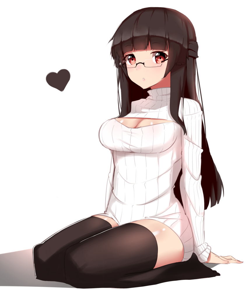 1girl absurdres black_hair black_legwear breasts cleavage cleavage_cutout glasses heart highres long_hair no_shoes open-chest_sweater original red_eyes ribbed_sweater seiza simple_background sitting solo sweater thigh-highs tigersaber turtleneck white_background