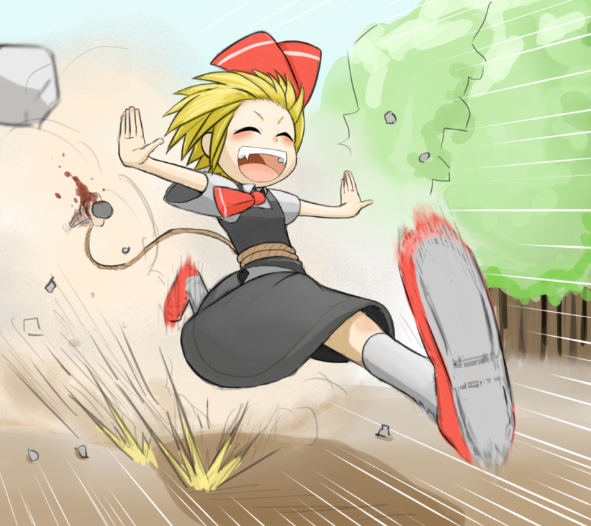 blonde_hair blood closed_eyes dress fangs happy laughing okahi open_mouth outstretched_arms ribbon rope rumia running shoes short_hair touhou