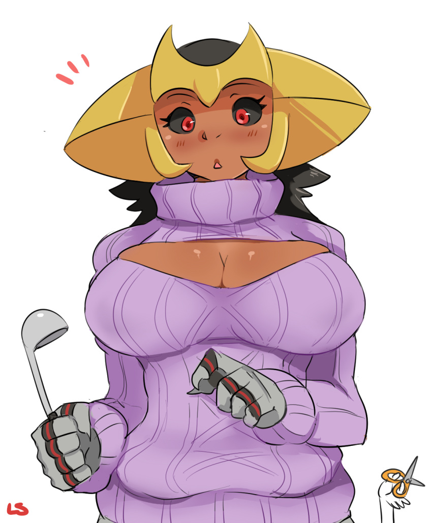 /\/\/\ 1girl black_hair black_sclera blush breasts chestnut_mouth cleavage cleavage_cutout dark_skin giratina highres ladle large_breasts lightsource long_hair open-chest_sweater personification pokemon red_eyes ribbed_sweater scissors solo sweater turtleneck