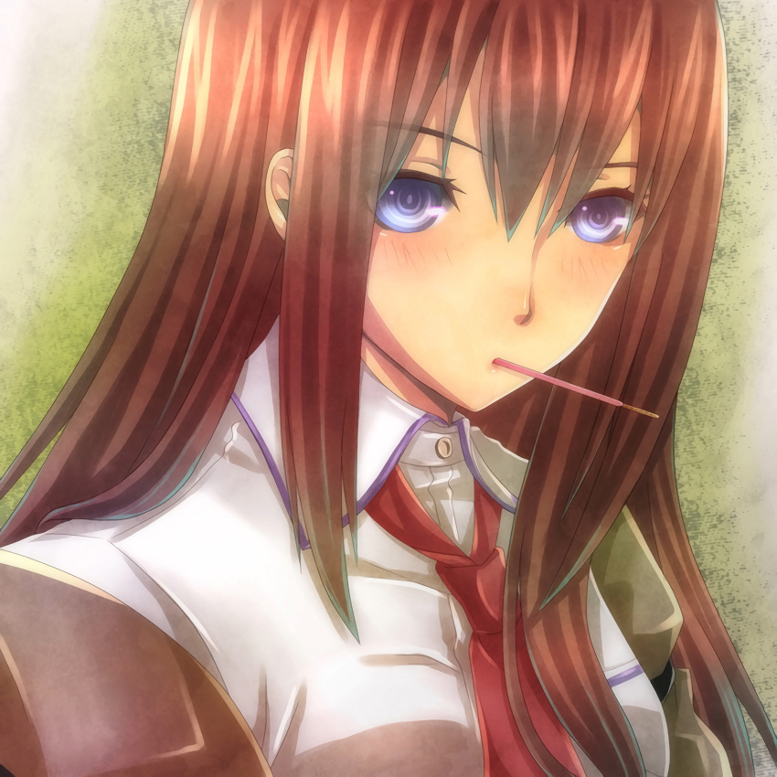 1girl absurdres blue_eyes blush brown_hair highres long_hair makise_kurisu natsuki_yuka necktie pocky solo steins;gate