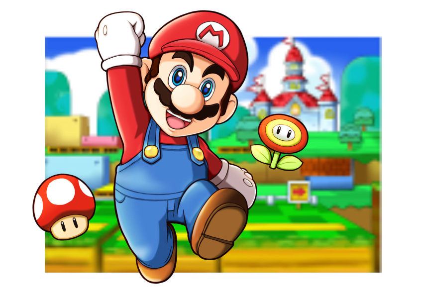 1boy :d arm_up ayakabu blue_eyes blurry brown_hair clenched_hands depth_of_field facial_hair fire_flower flower gloves hat highres male mario mushroom mustache nintendo open_mouth overalls raised_fist smile solo super_mario_bros. super_mushroom super_smash_bros. white_gloves