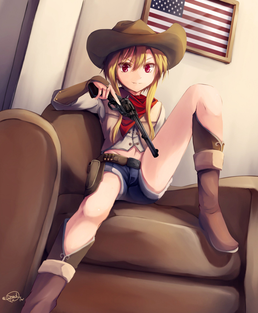 1girl american_flag blonde_hair boots colt_saa couch cowboy_hat dreadtie gun hat highres jessica_jefferson legs looking_at_viewer navel original red_eyes revolver shorts signature sitting smile solo spread_legs weapon western