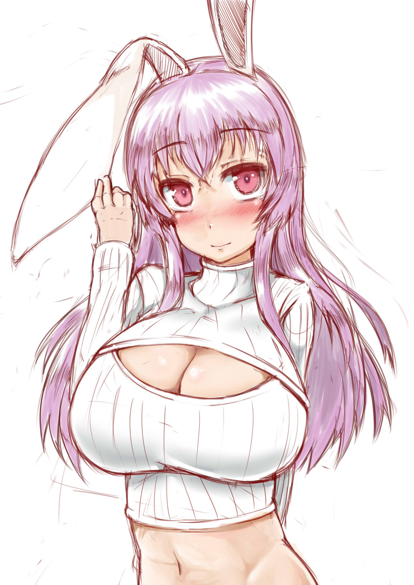 1girl absurdres animal_ears blush breasts cleavage cleavage_cutout highres impossible_clothes impossible_sweater large_breasts lavender_hair long_hair looking_at_viewer midriff navel open-chest_sweater rabbit_ears red_eyes reisen_udongein_inaba simple_background solo sweater touhou white_background yuta0504