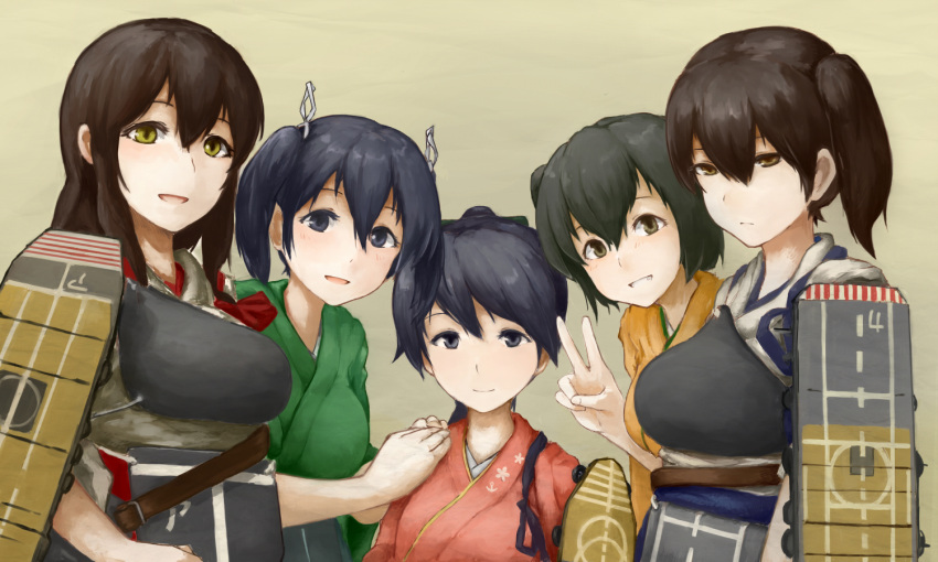 5girls akagi_(kantai_collection) belt black_eyes black_hair blue_eyes breasts brown_eyes brown_hair bust expressionless flight_deck grin group_picture hair_ribbon hands_on_another's_shoulder height_difference hiryuu_(kantai_collection) houshou_(kantai_collection) japanese_clothes kaga_(kantai_collection) kantai_collection kimono long_hair looking_at_viewer multiple_girls muneate nemubusoku open_mouth ponytail ribbon short_hair side_ponytail smile souryuu_(kantai_collection) strap tasuki twintails v yellow_eyes