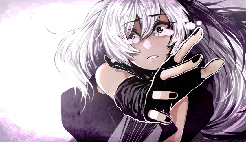 1girl bare_shoulders black_gloves black_hair black_nails crying crying_with_eyes_open elbow_gloves fingerless_gloves flower_(vocaloid) gloves long_hair multicolored_hair nail_polish outstretched_hand parted_lips shivaroushi solo tears two-tone_hair violet_eyes vocaloid white_hair wide-eyed