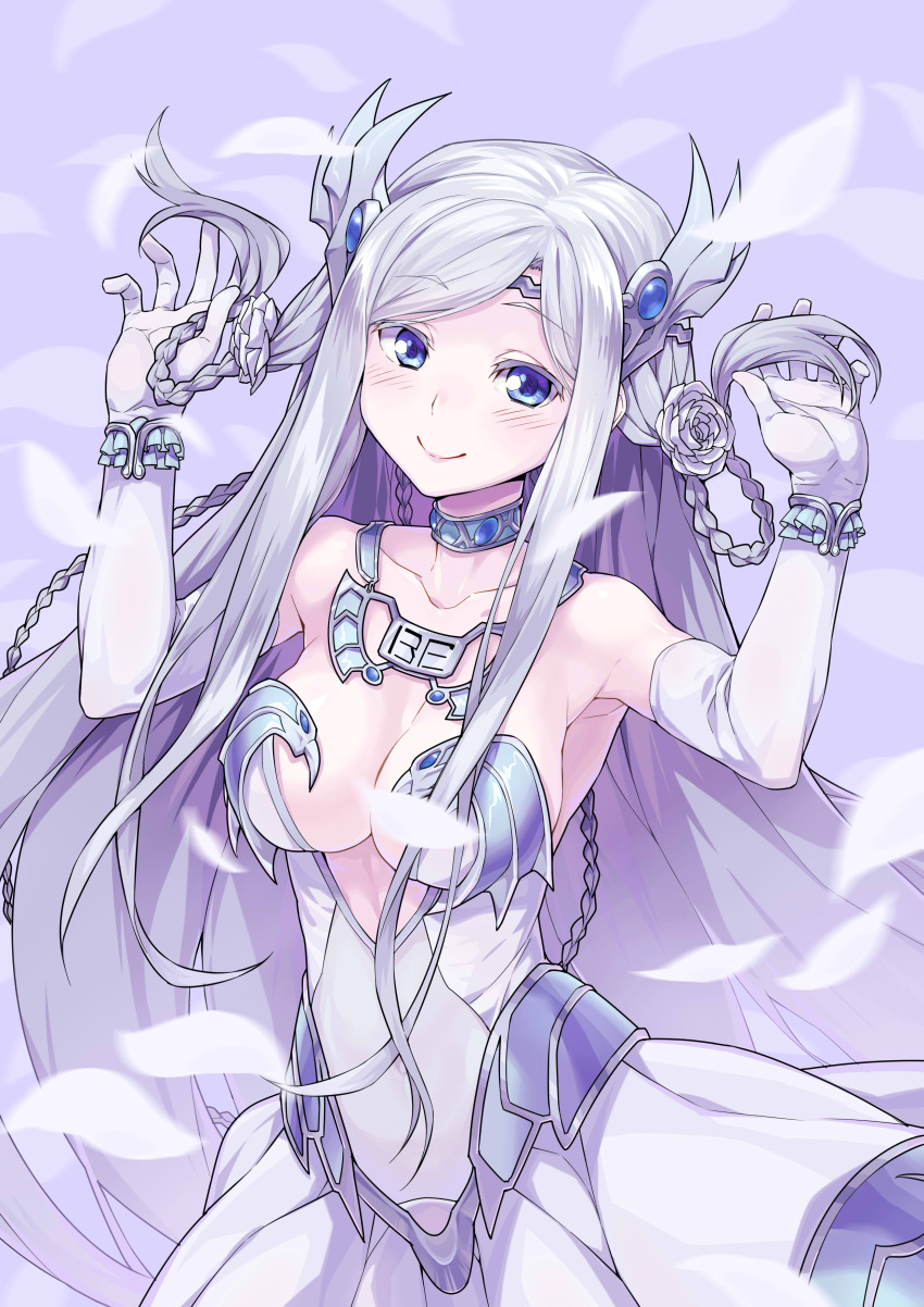 1girl absurdres alternate_costume blue_eyes braid breasts cleavage duel_monster elbow_gloves frostcyco gloves hair_ornament highres long_hair looking_at_viewer maiden_with_eyes_of_blue petals playing_with_own_hair silver_hair smile solo twin_braids two_side_up yuu-gi-ou