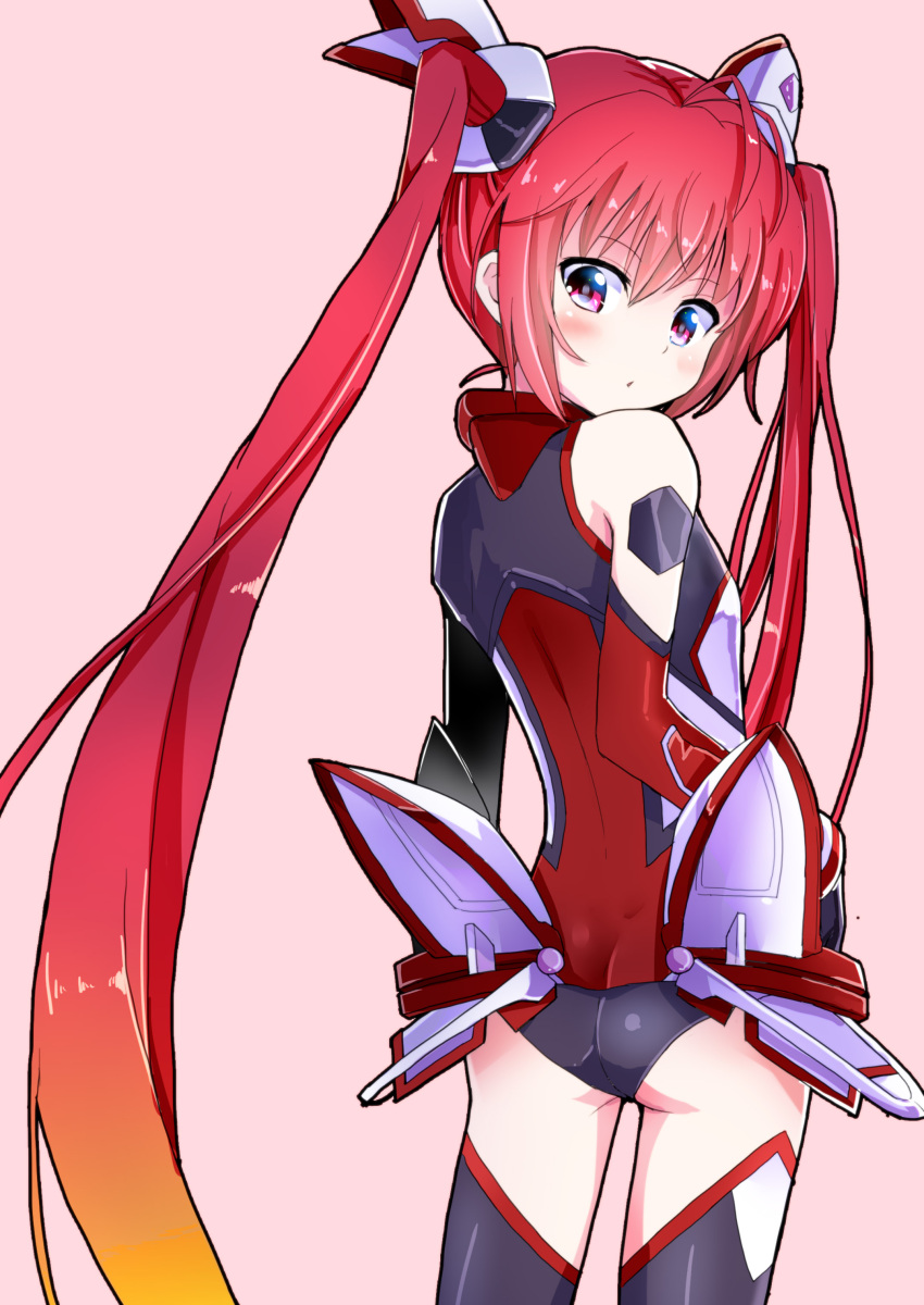 1girl absurdres ass blush from_behind highres looking_back ore_twintail_ni_narimasu pink_eyes redhead solo tail_red thigh-highs twintails zuma