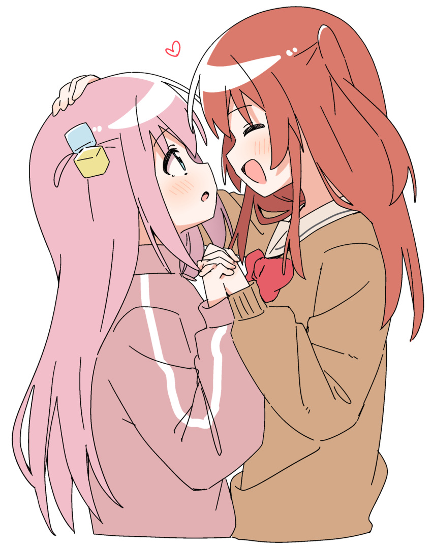 2girls :d :o ^_^ blue_eyes blush bocchi_the_rock! bow bowtie brown_cardigan cardigan closed_eyes commentary cropped_torso cube_hair_ornament from_side gotoh_hitori hair_ornament hand_on_another's_head haru_(konomi_150) heart highres holding_hands interlocked_fingers jacket kita_ikuyo long_hair long_sleeves looking_at_another multiple_girls one_side_up open_mouth pink_hair pink_jacket profile red_bow red_bowtie red_hair sailor_collar school_uniform shuka_high_school_uniform simple_background smile track_jacket white_background white_sailor_collar yuri