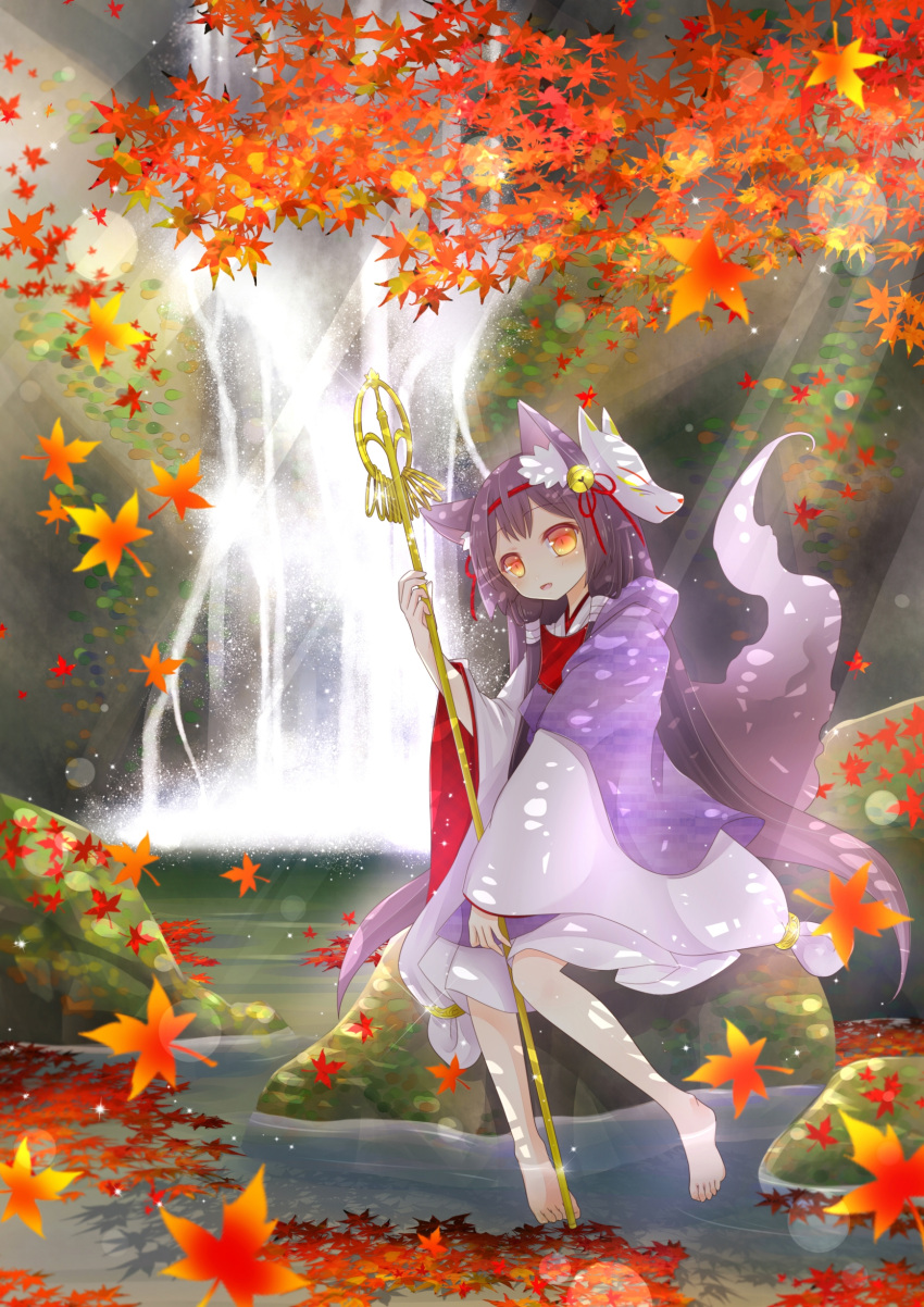 1girl :d absurdres animal_ears autumn_leaves barefoot bell black_hair bow fox_ears fox_mask fox_tail hair_bow hair_ribbon hairband highres holding japanese_clothes kimono kuroki_mashiro layered_clothing layered_kimono leaf long_hair looking_at_viewer low_twintails maple_leaf mask mask_on_head open_mouth orange_eyes original ribbon river sitting smile solo staff tail twintails water waterfall